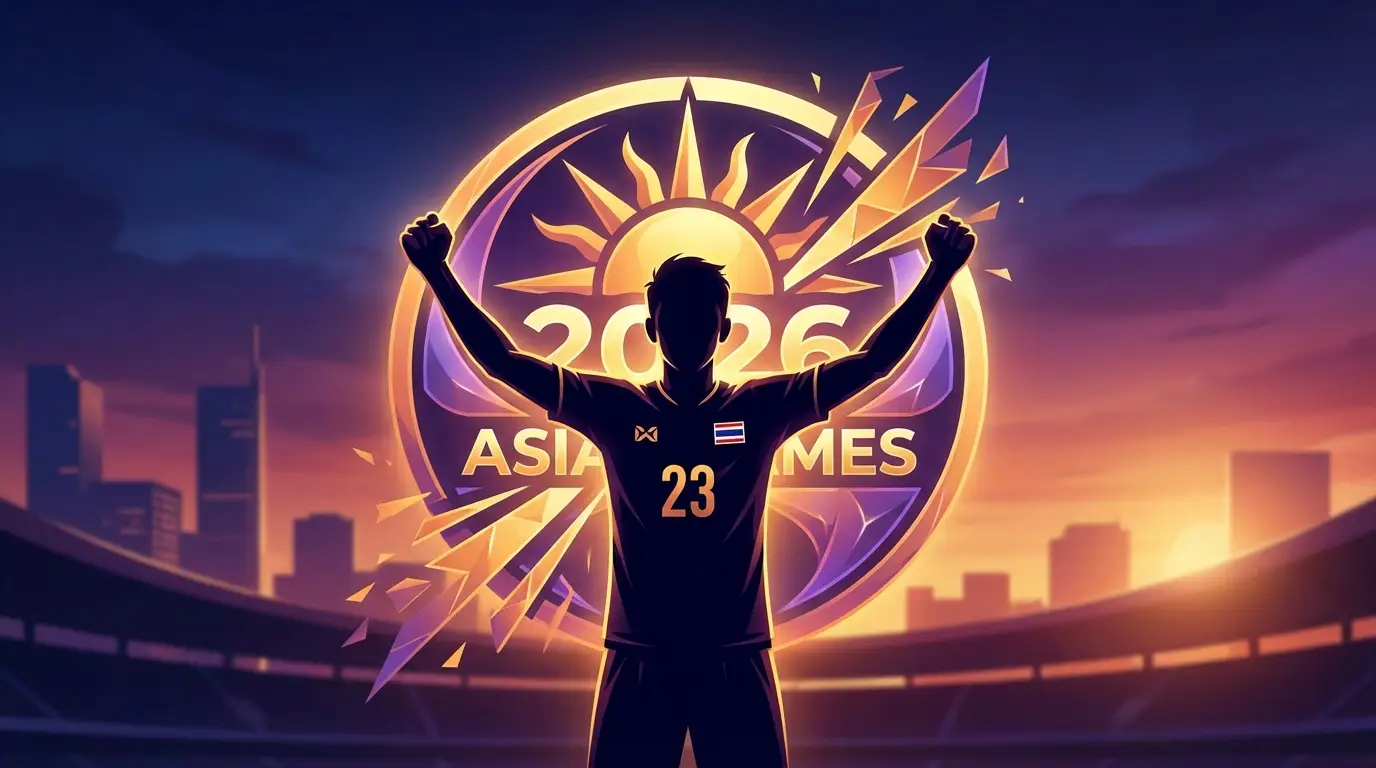 A symbolic scene of a Thai U23 player celebrating in front of a stylized, glowing "Asian Games 2026" emblem, representing the team's clear and ambitious target for the year.