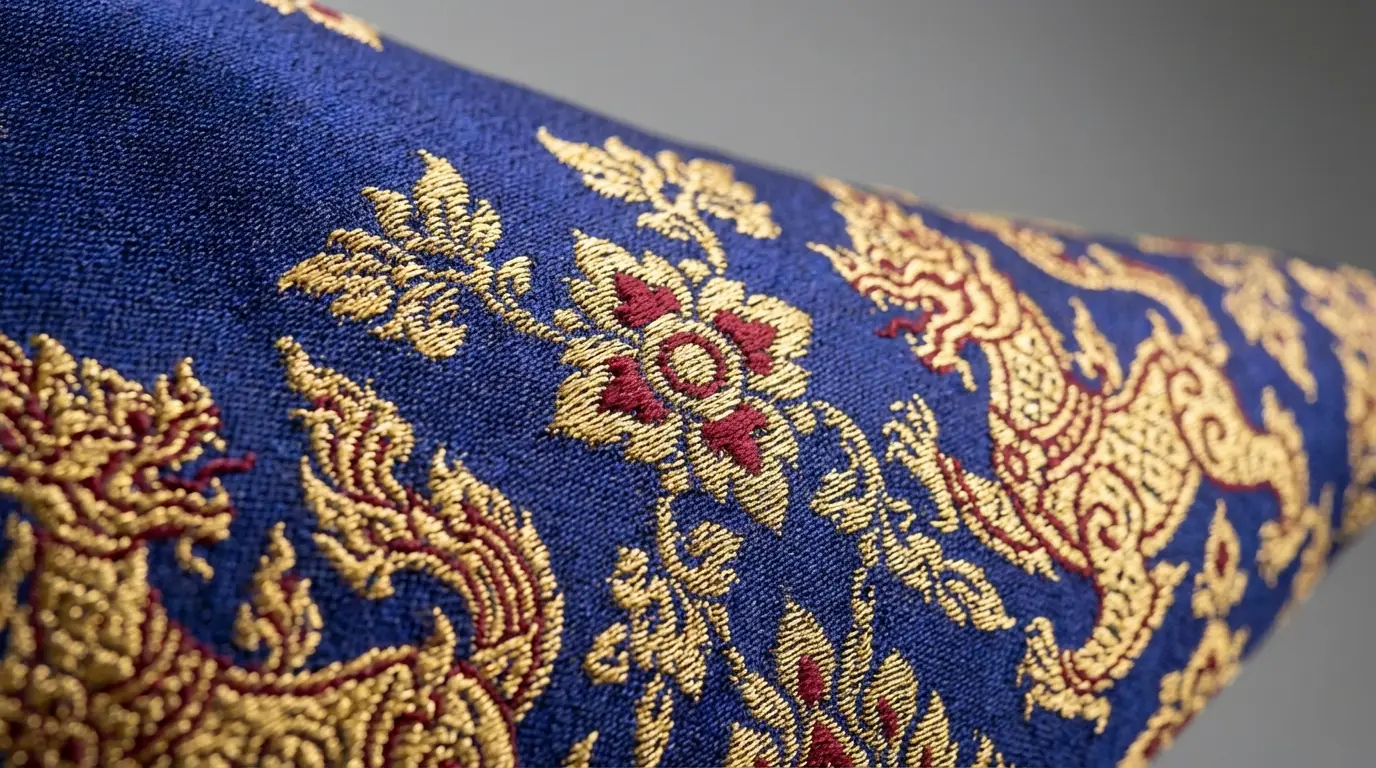 ภาพคลอสอัพแสดงลวดลายอันสวยงามบนเสื้อทีมชาติไทย Warrix รุ่น 'อโยธยา'