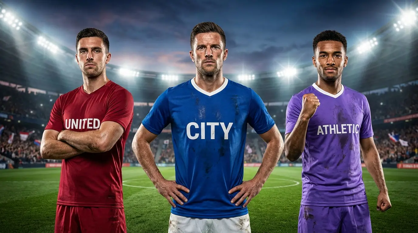 ภาพแสดงนักฟุตบอล 3 คนในชุดสีต่างกันแทน 3 ทีมยักษ์ใหญ่ไทยลีก