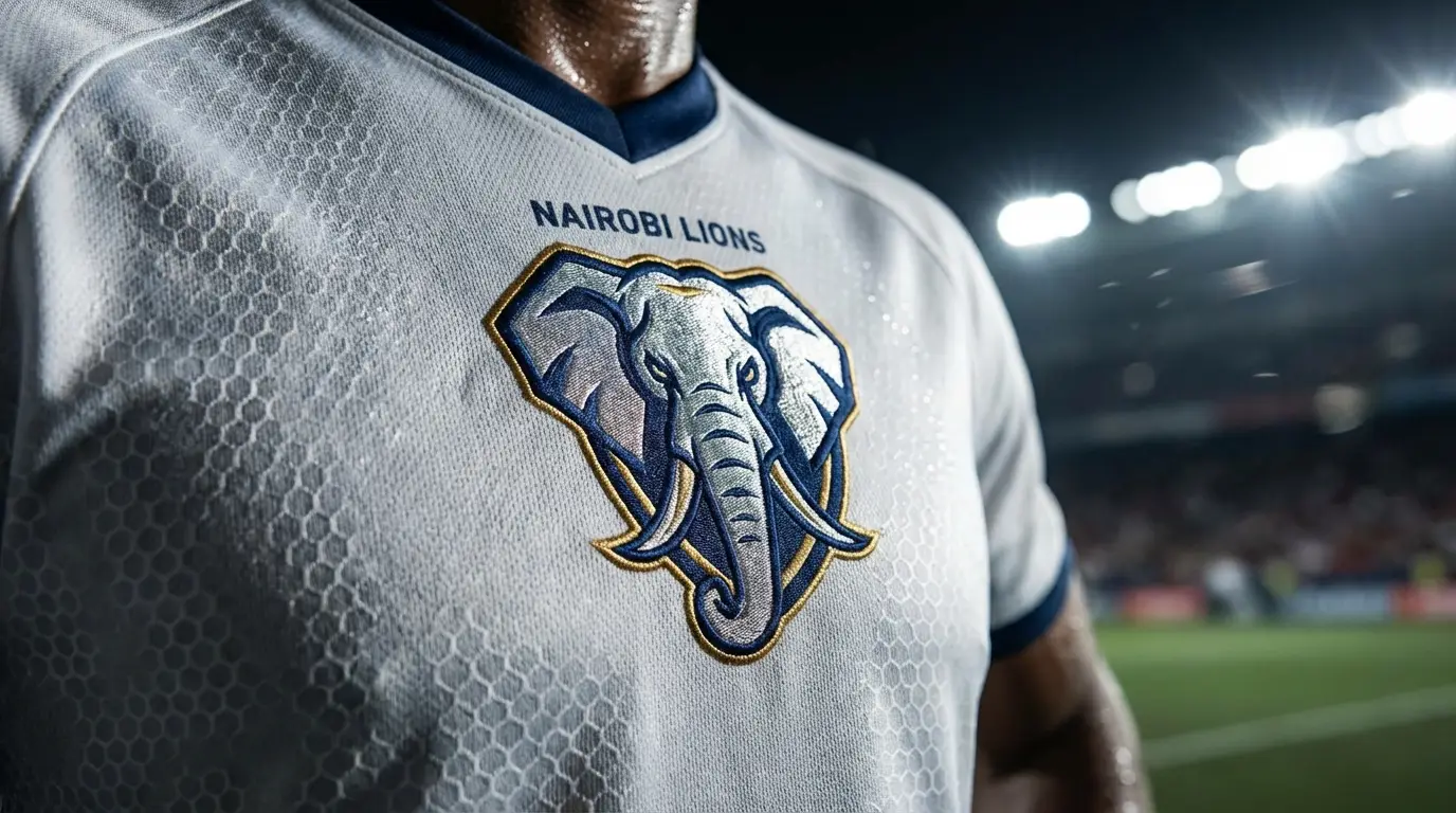 Extreme close-up of a professional football jersey chest area, showing high-tech fabric texture with a stylized elephant crest, cinematic lighting reflecting off the embroidery. Art style: Dynamic Cinematic Sports Photography. High contrast, sharp focus, Dynamic action, Stadium atmosphere, Vibrant colors, Hyper-realistic textures. --ar 16:9
