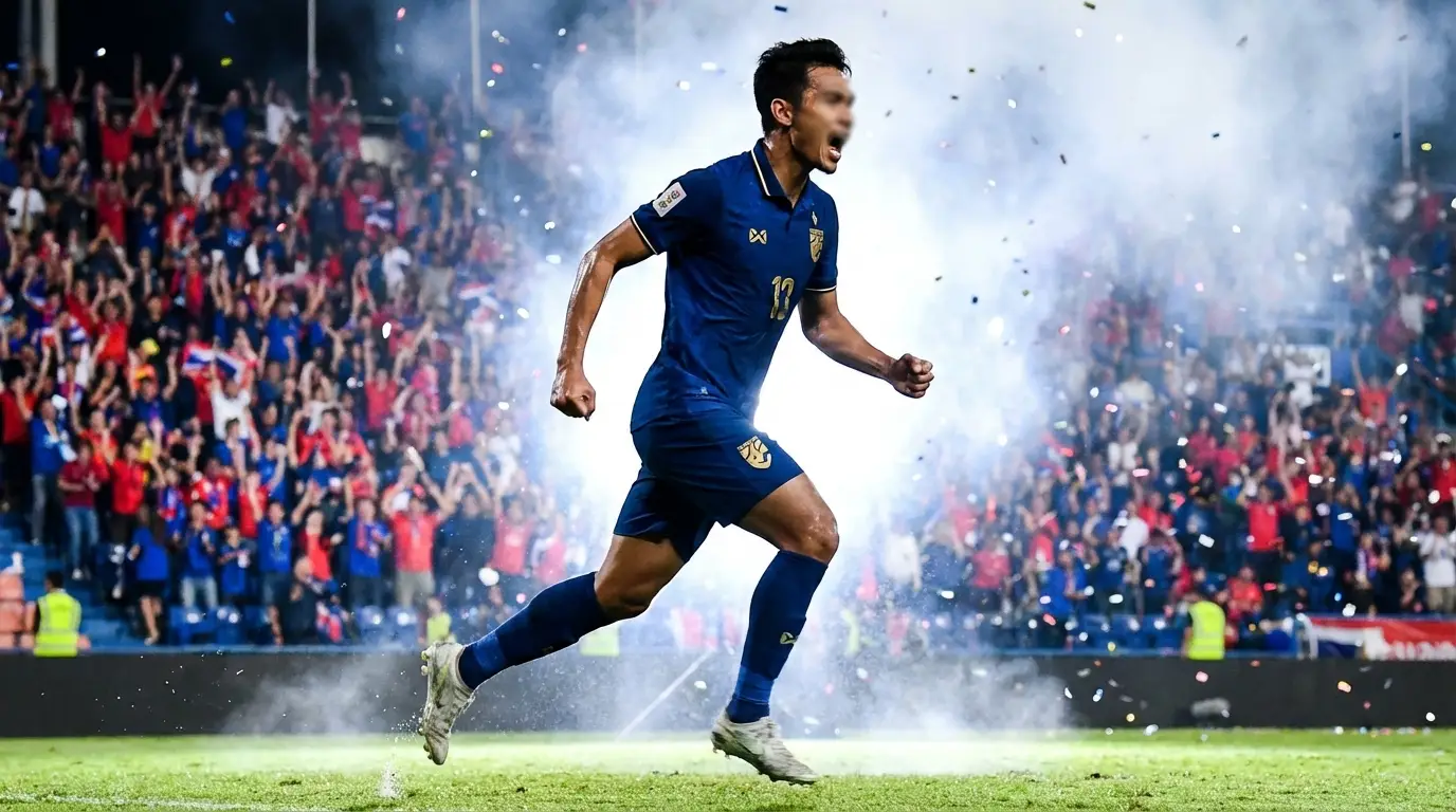 A heroic action shot of a Thai national football player in a deep blue jersey, sprinting with intensity, stadium lights creating a halo effect, vibrant atmosphere. Art style: Dynamic Cinematic Sports Photography. High contrast, sharp focus, Dynamic action, Stadium atmosphere, Vibrant colors, Hyper-realistic textures. --ar 16:9