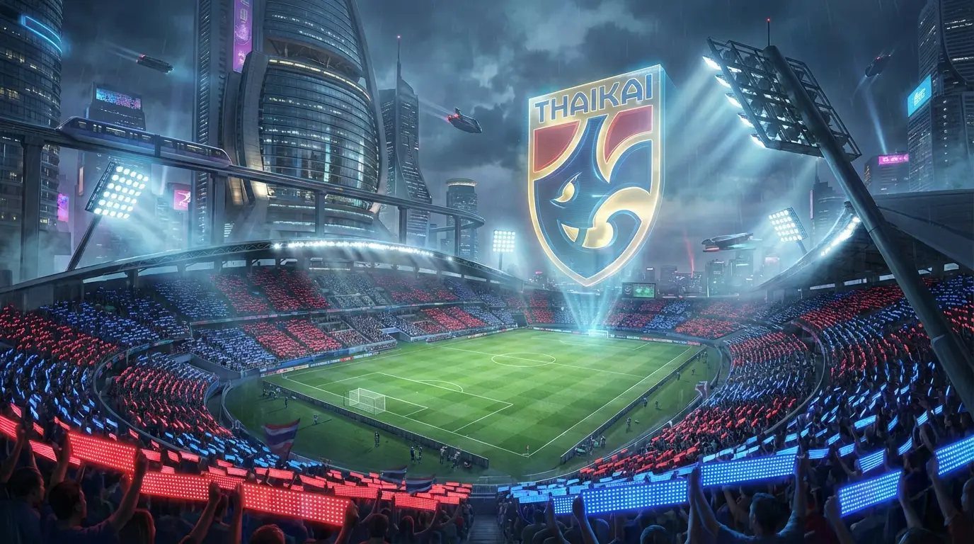 A cinematic wide shot of a futuristic football stadium in Bangkok at night, featuring a giant holographic Thai national team crest above the pitch, crowded with fans in red and blue, vibrant atmosphere.