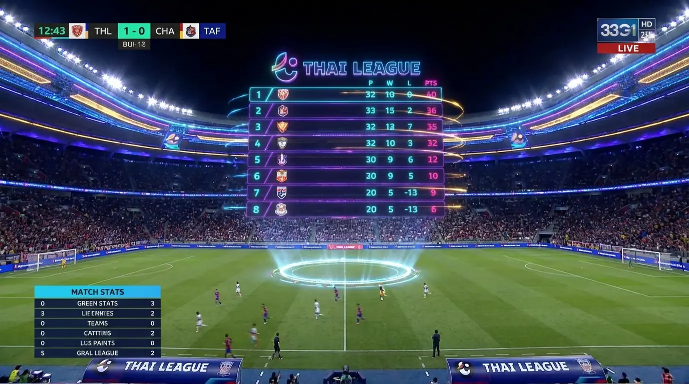 A futuristic football stadium in Thailand at night with a massive holographic 3D league table floating above the pitch, neon lights and professional sports aesthetic.