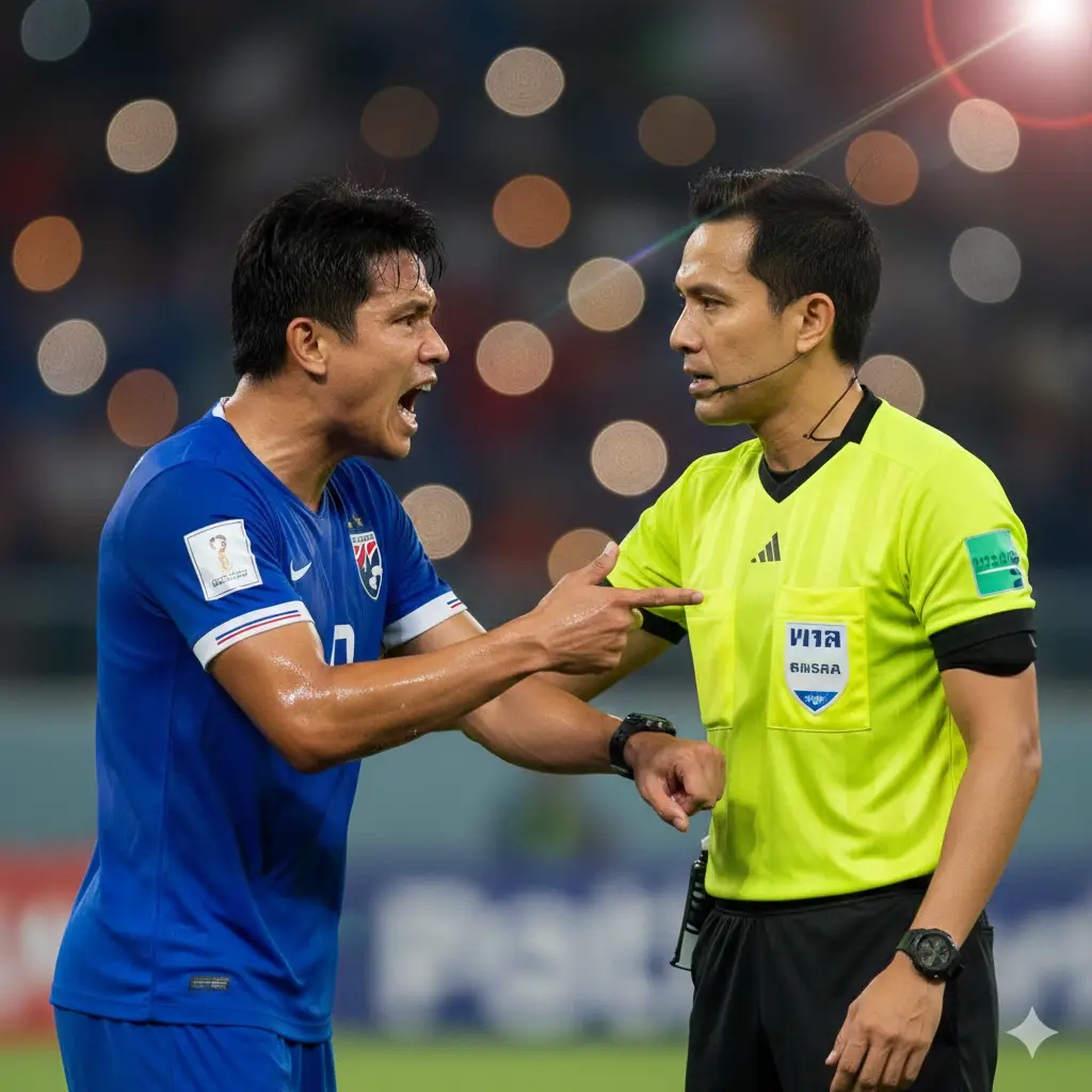 A close-up shot of a Thai football captain talking intensely to a referee pointing at his watch, dramatic lighting highlighting the tension.