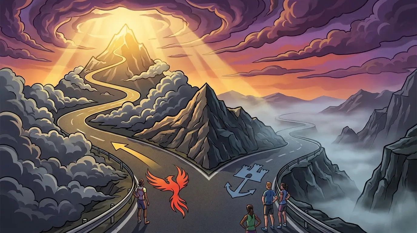 A conceptual illustration visualizing the 'fixture toughness' for Thai League 2 teams, using a metaphorical mountain road to represent the challenging path to promotion versus the perilous route to relegation.