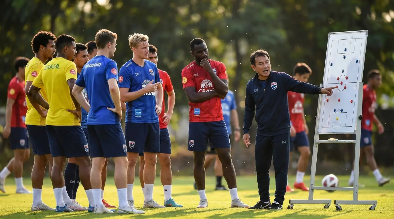 ภาพแสดงกลุ่มนักฟุตบอลต่างชาติหลากหลายเชื้อชาติในสภาพแวดล้อมการฝึกซ้อม