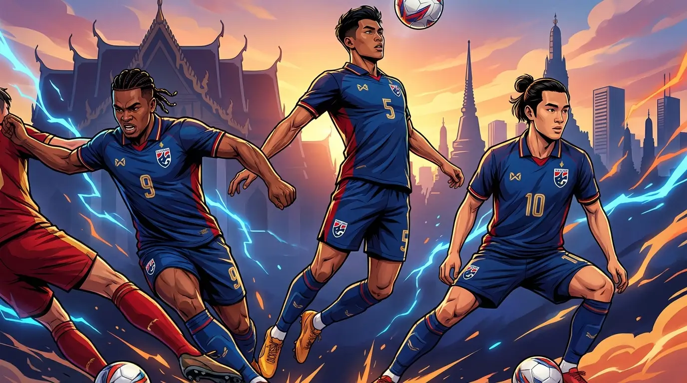 A montage of stylized young football players representing the future of Thailand U23, including local talents and Thai-foreign prospects, wearing national team kits against a backdrop blending Thai and European motifs.