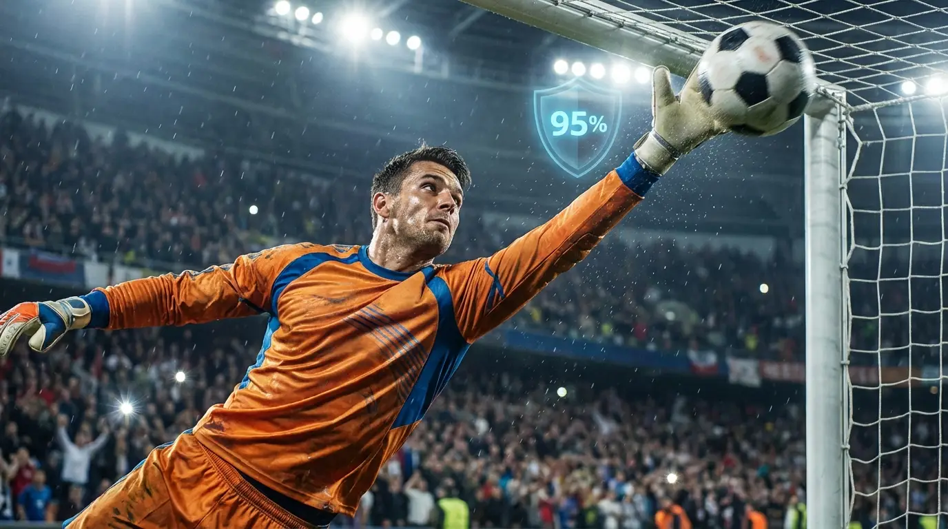 A heroic save by a stylized goalkeeper in orange and blue, embodying the concept of high 'save percentage' and clean sheets leading the Thai League 1.