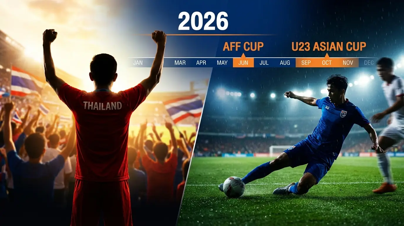 A dynamic header image visualizing the dual challenges for the Thai national team (senior and U23) in 2026, with key tournaments highlighted.