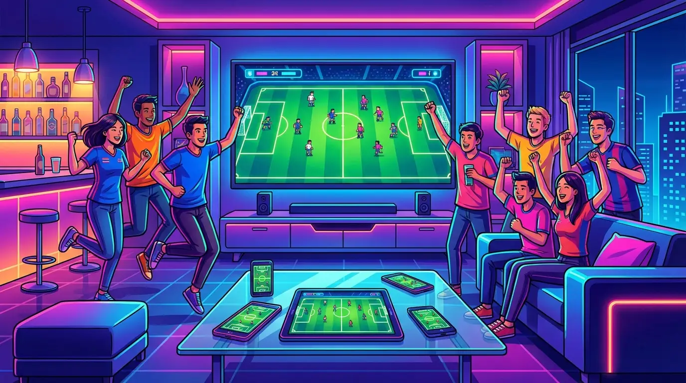 ภาพปกบทความ: แฟนบอลกำลังสนุกสนานกับการดูถ่ายทอดสดฟุตบอลไทยผ่านหน้าจอหลายแบบ