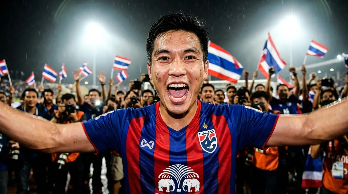 A triumphant Thai U23 football player (Saksorn Rattanari) celebrating a goal with arms outstretched, facing a blurred crowd of cheering fans under bright stadium lights.