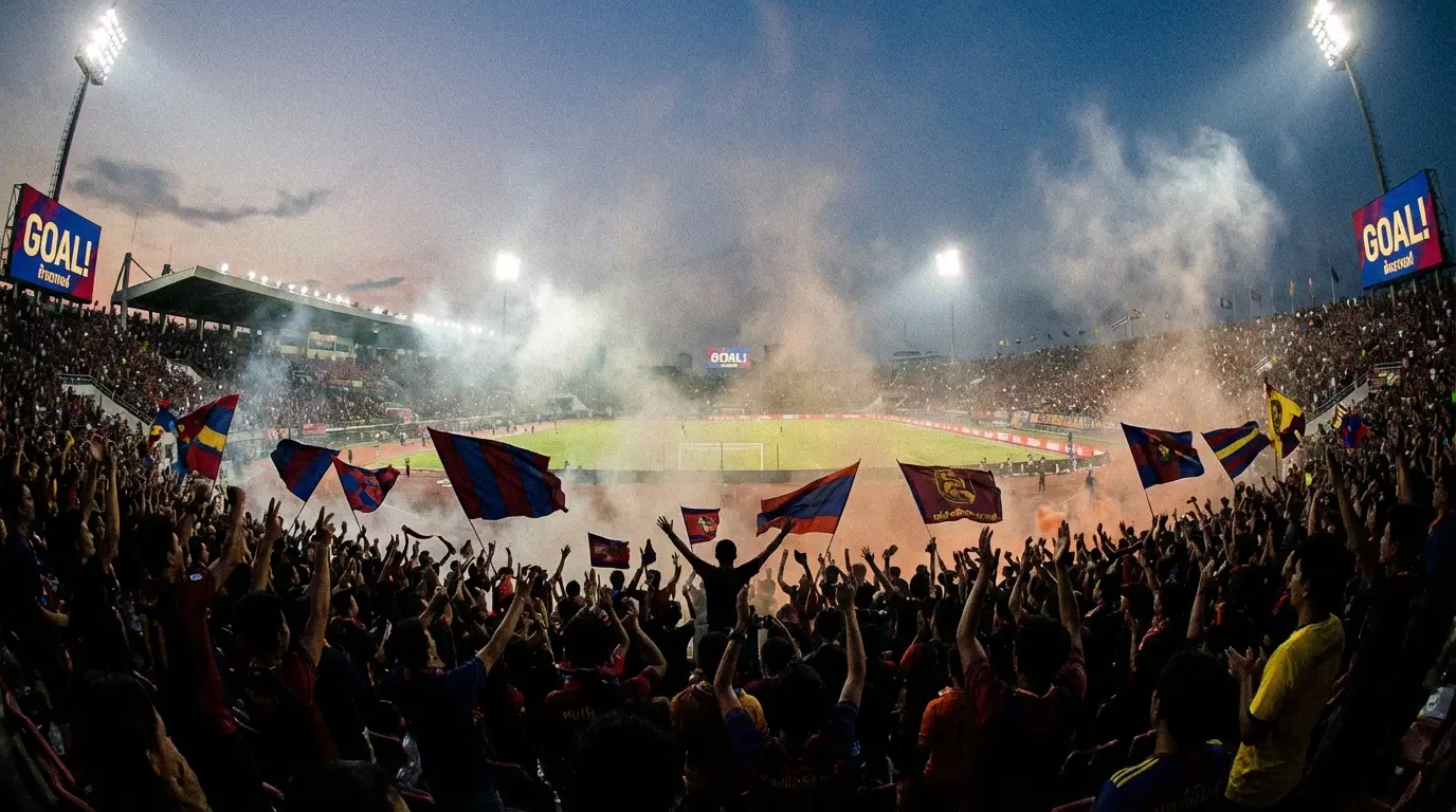 ภาพปกบทความแสดงบรรยากาศการเฉลิมฉลองของแฟนบอลไทยในสนามฟุตบอล