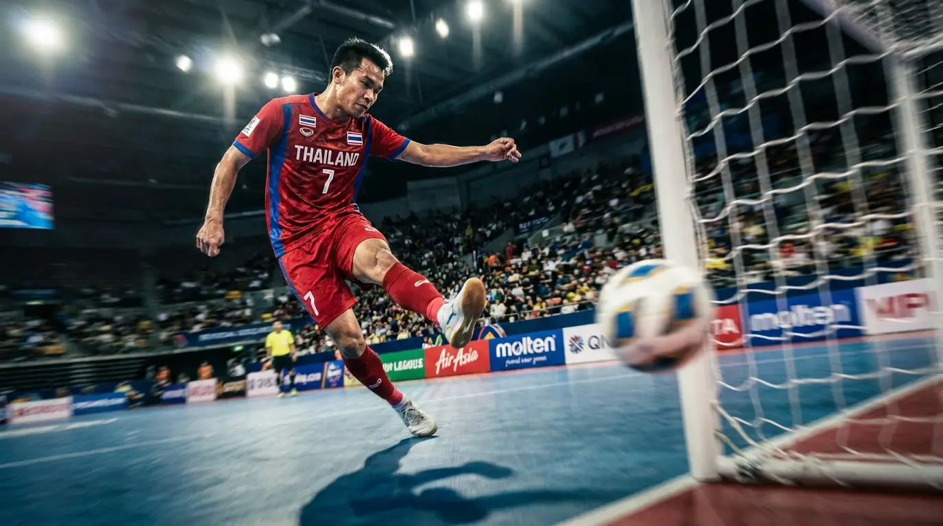 Thai futsal national team player in red and blue kit executing a powerful shot on goal during a high-intensity match.
