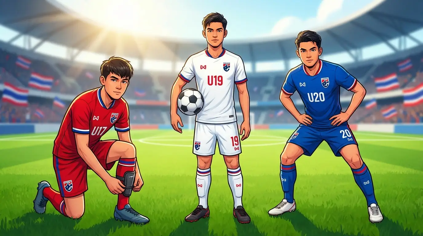 A dynamic and hopeful cover image featuring three stylized young Thai footballers in national youth team kits, representing the future of Thai football.