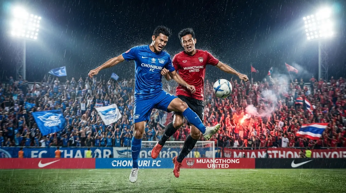 บรรยากาศการแข่งขันฟุตบอลไทยลีก 1 ที่ดุเดือดในสนามกีฬาขนาดใหญ่ภายใต้แสงไฟนีออนยามค่ำคืน