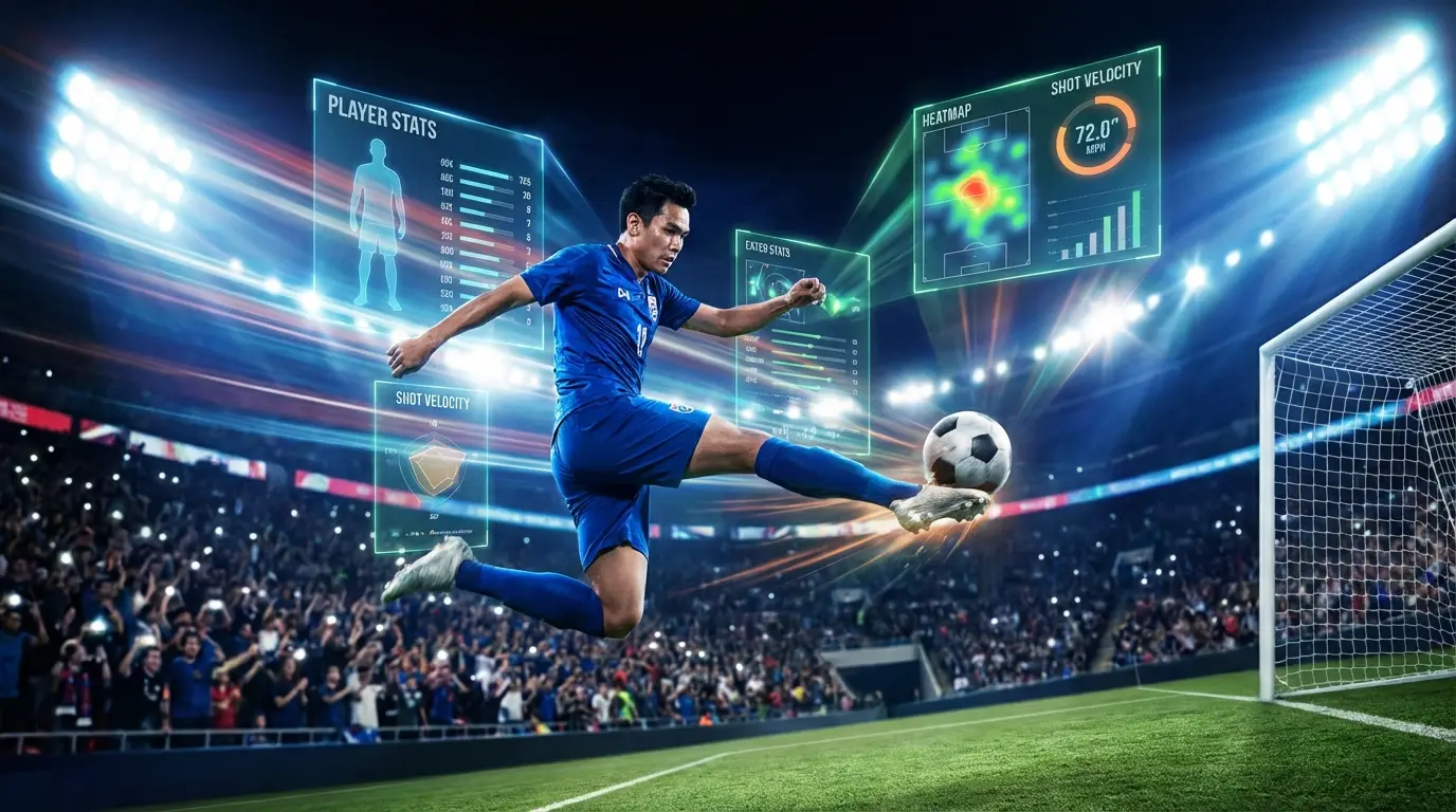 A professional Thai football player in action on a vibrant stadium background with futuristic digital scouting data overlays showing stats like xG and performance metrics.