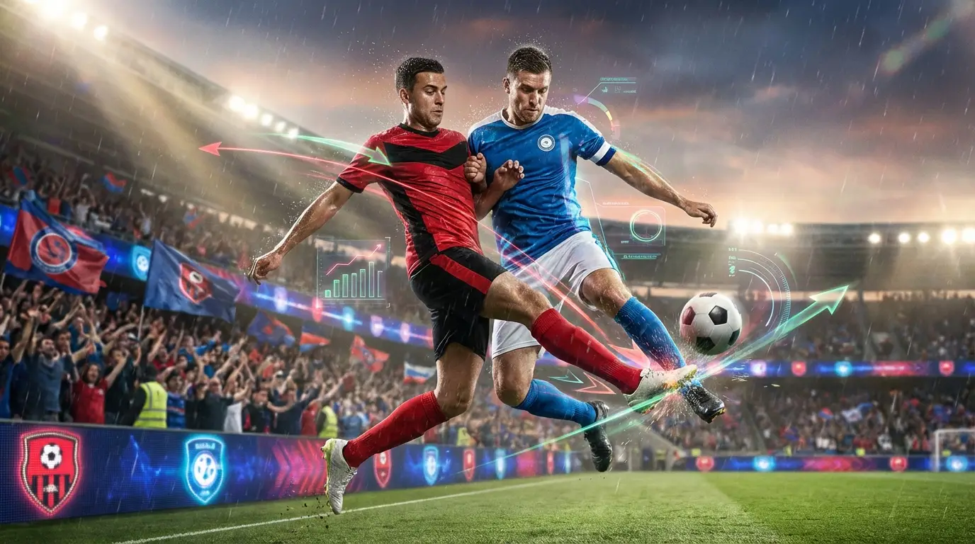 A dramatic and stylized illustration capturing the intense atmosphere of a Thai League 1 clash between two top teams in a packed stadium.