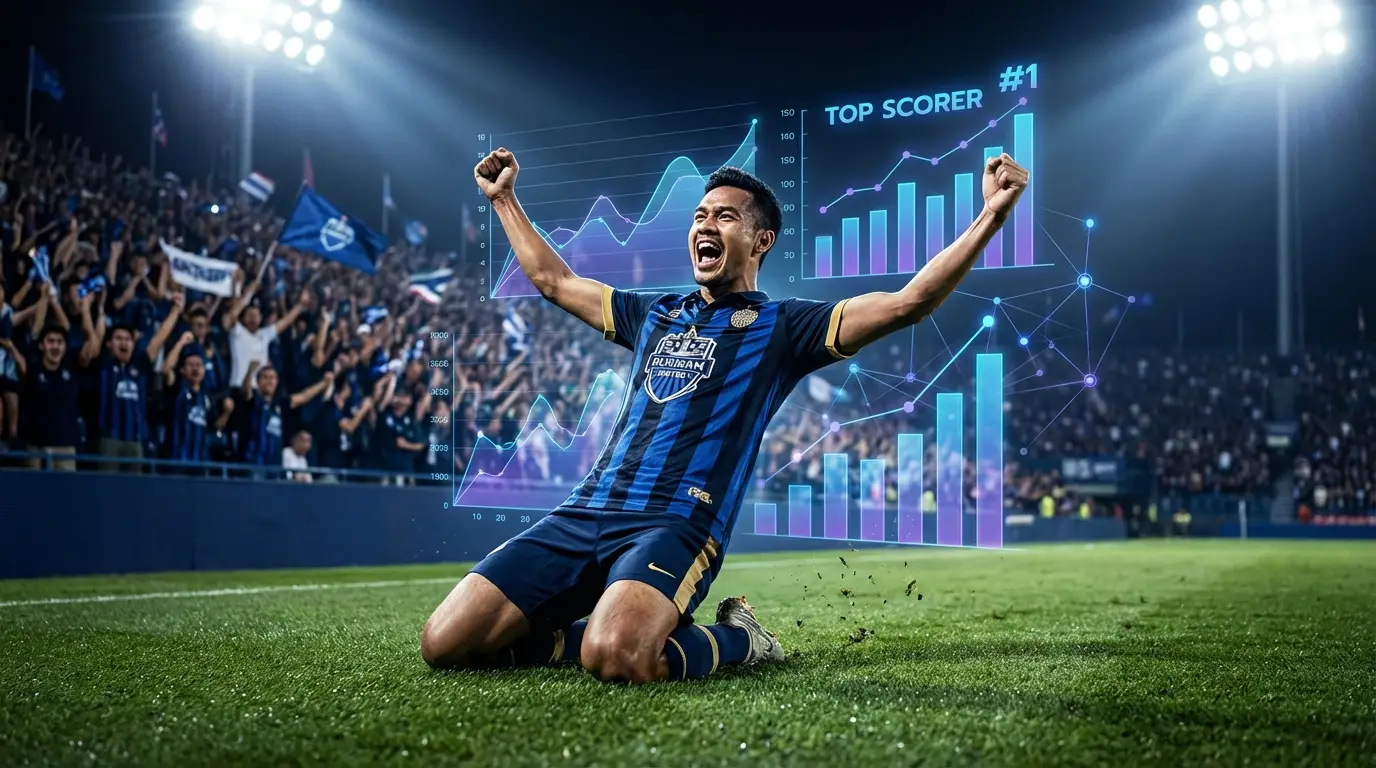 A triumphant footballer celebrating a goal, with dynamic data visualizations subtly integrated into the scene, representing the 2026 Thai League player statistics report.