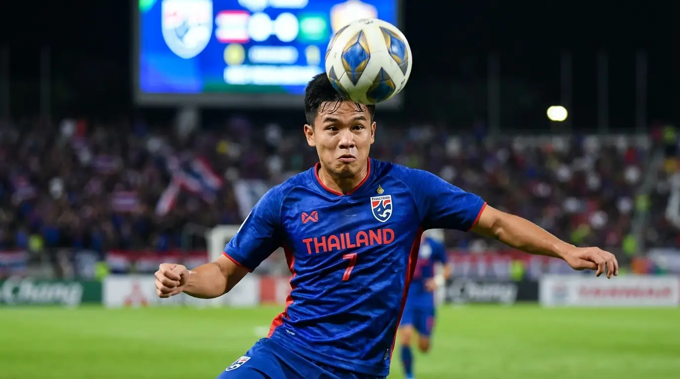 A young Thai U17 national team player in full kit executing a powerful header during a high-stakes international match, symbolizing the rising talent.