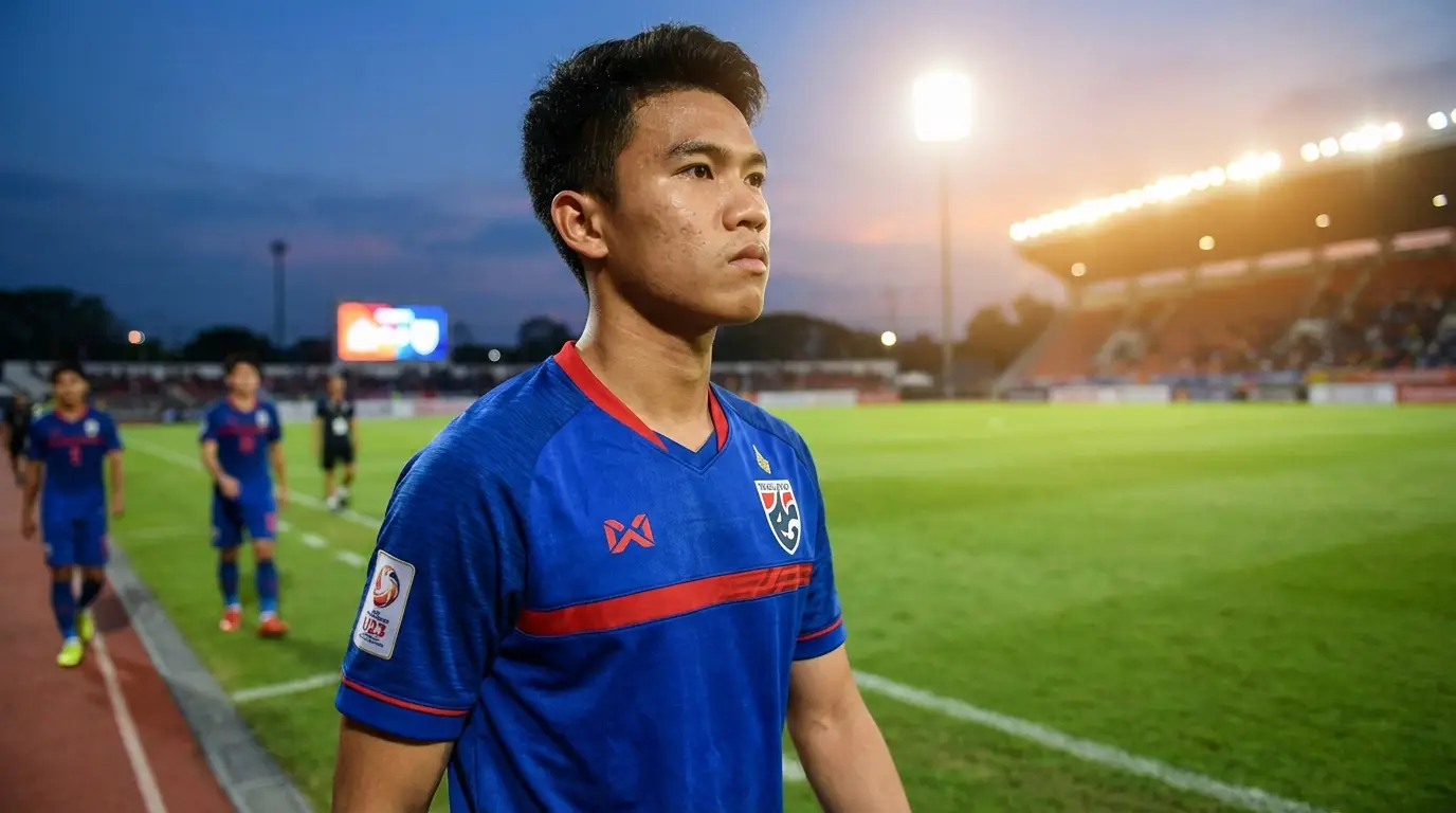 A young Thai U23 national team player looking determinedly into the distance after a match, symbolizing resilience and future focus.