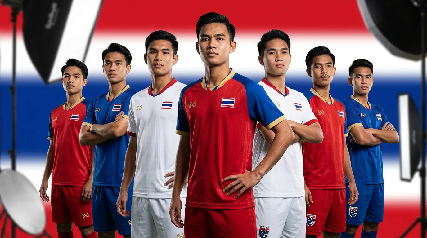 The official and authoritative group photo of the Thailand U23 national team for 2026, showcasing the squad in their new kits.