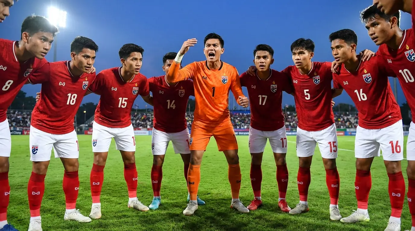A dynamic and determined group of Thailand U23 national football players in red kits, united on the green pitch, showcasing teamwork and competitive spirit.