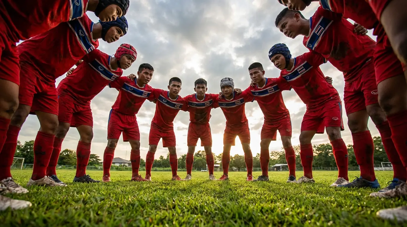 The Thailand U23 national football team in their iconic red kits, united and determined on the pitch before a crucial match.