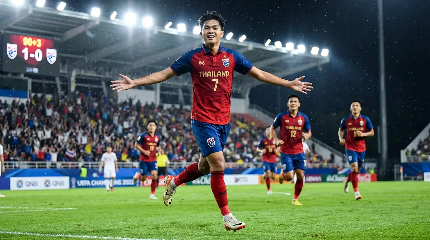 นักเตะทีมชาติไทย U23 กำลังเฉลิมฉลองประตูในสนามแข่งขัน