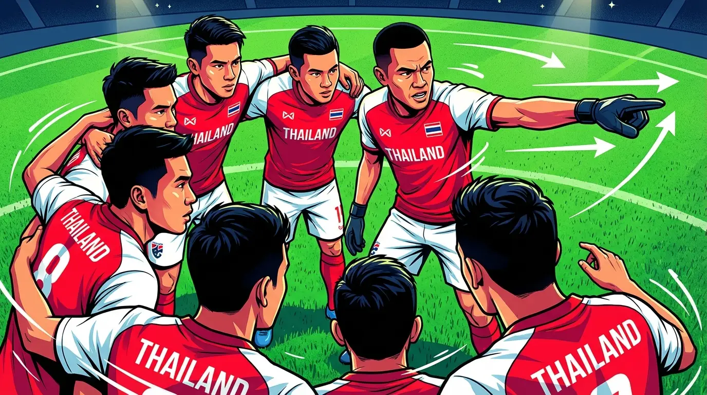 ภาพหน้าปก: นักเตะไทย U23 กำลังวางแผน战术กันอย่างจริงจังในสนามระหว่างเกม