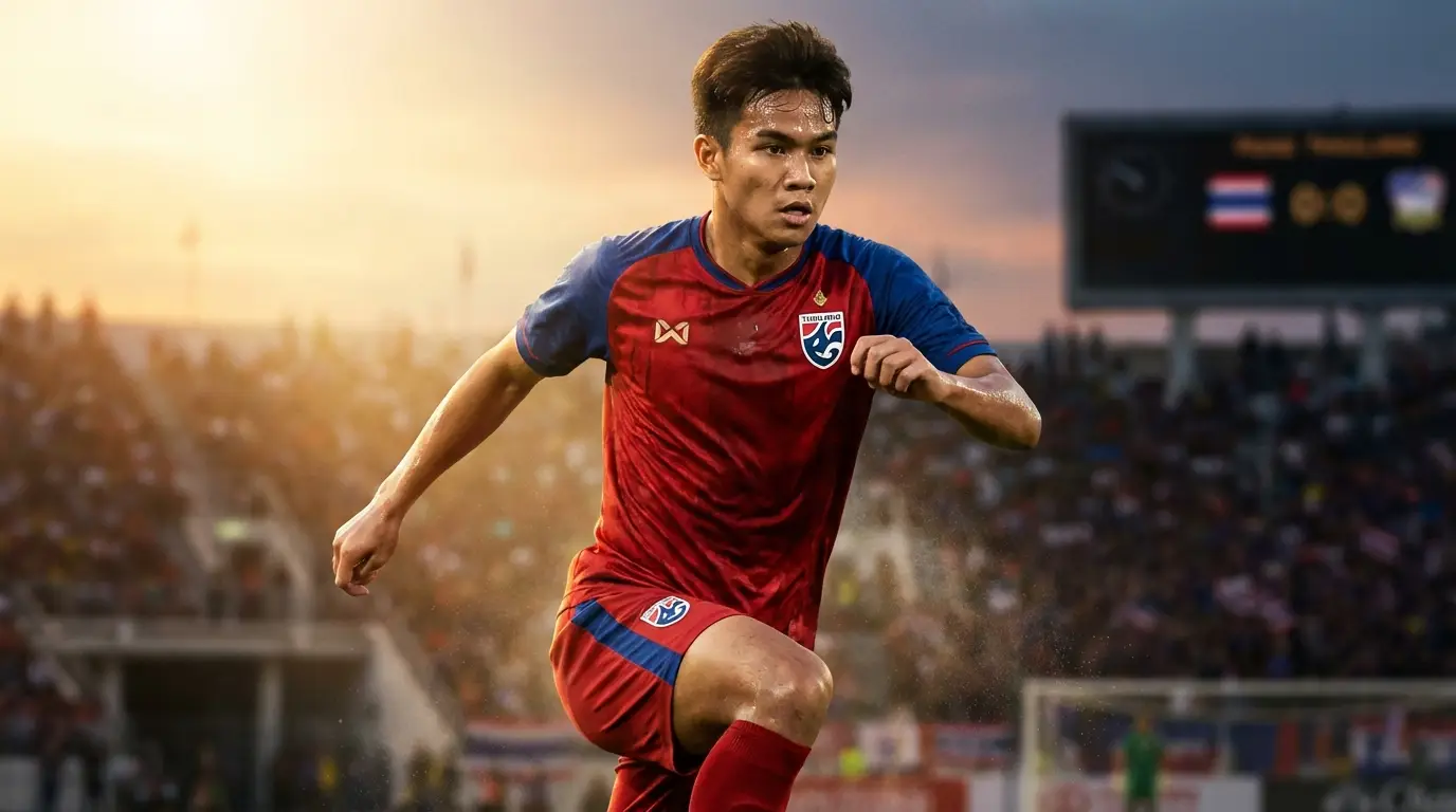 A young Thai football star of the future in national team kit, looking ahead with determination under a spotlight, symbolizing potential.