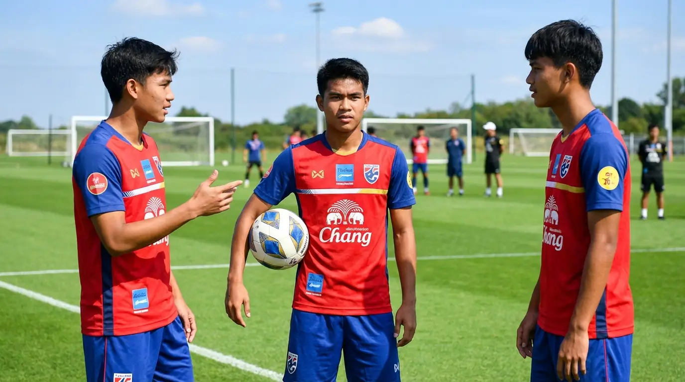 A group of talented young Thai footballers in training gear, standing confidently together on a green field, representing the future of the national team.