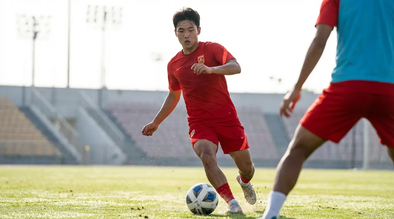 นักฟุตบอลดาวรุ่งในชุดสีแดงกำลังโชว์สกิลเลี้ยงบอลในสนามหญ้า