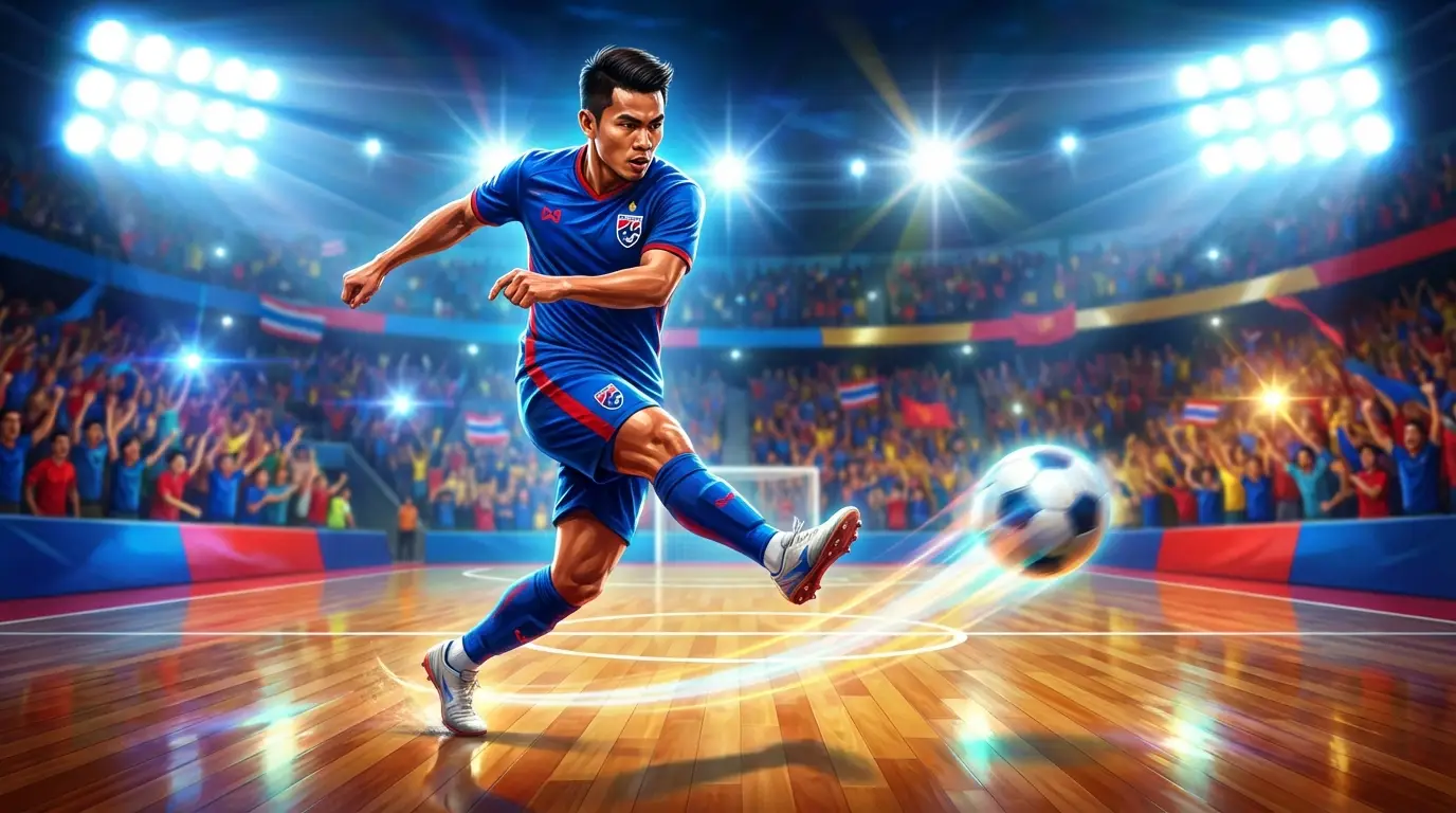 ภาพนักเตะฟุตซอลทีมชาติไทยในท่าทางการยิงประตูที่ดุดันในสนามแข่งระดับนานาชาติ