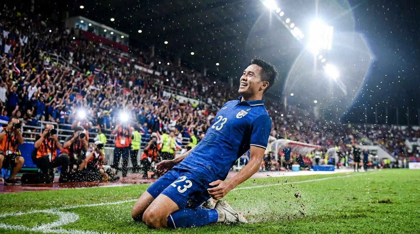 A dramatic shot of a Thai football player in a blue jersey sliding on grass in celebration, under bright stadium lights with Iraqi players in green in the blurred background.