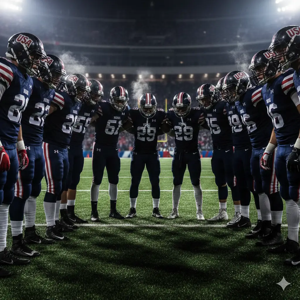 A heroic huddle of football players in navy blue national jerseys under intense stadium floodlights at night, creating a powerful team spirit atmosphere.