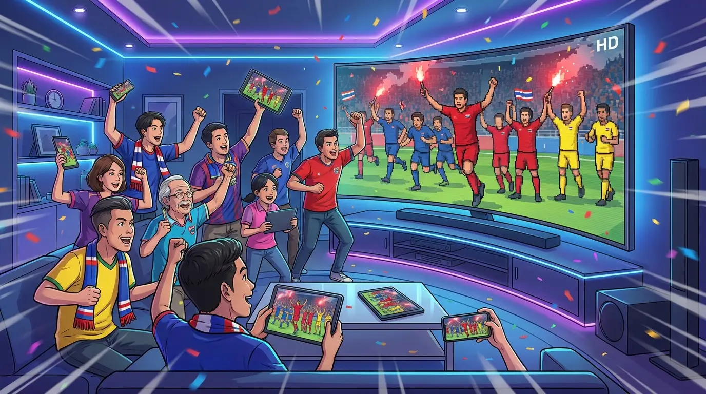 A group of passionate Thai football fans in a lively setting, collectively watching a vibrant Thai League match broadcast on multiple screens, celebrating a goal.