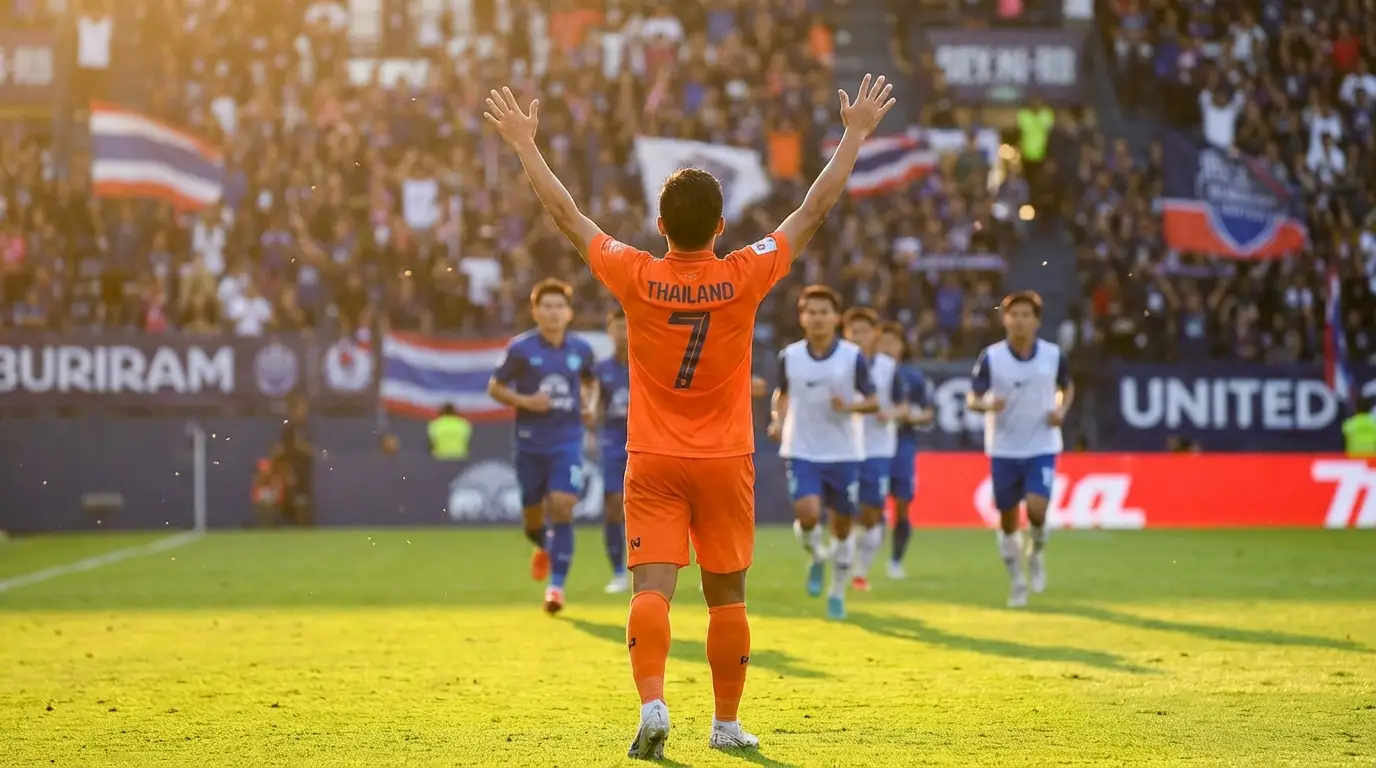 An atmospheric image of a player in a bright kit (the 'hidden gem') celebrating a goal with arms raised towards the sky, as teammates approach in the background, capturing the moment of underrated talent shining through.