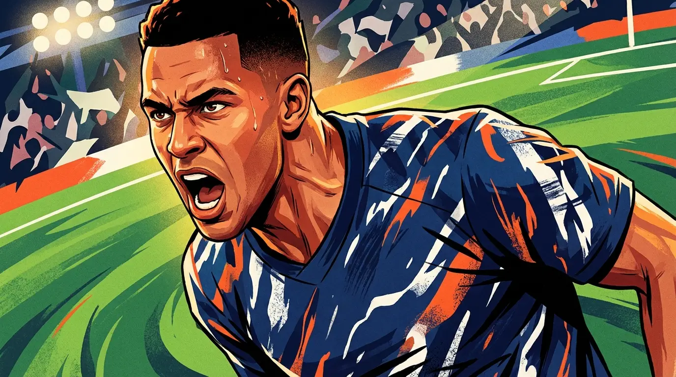 A stylized close-up of a determined football player in a crucial moment, embodying the key individuals who can decide the fate of Thai League 1 teams.