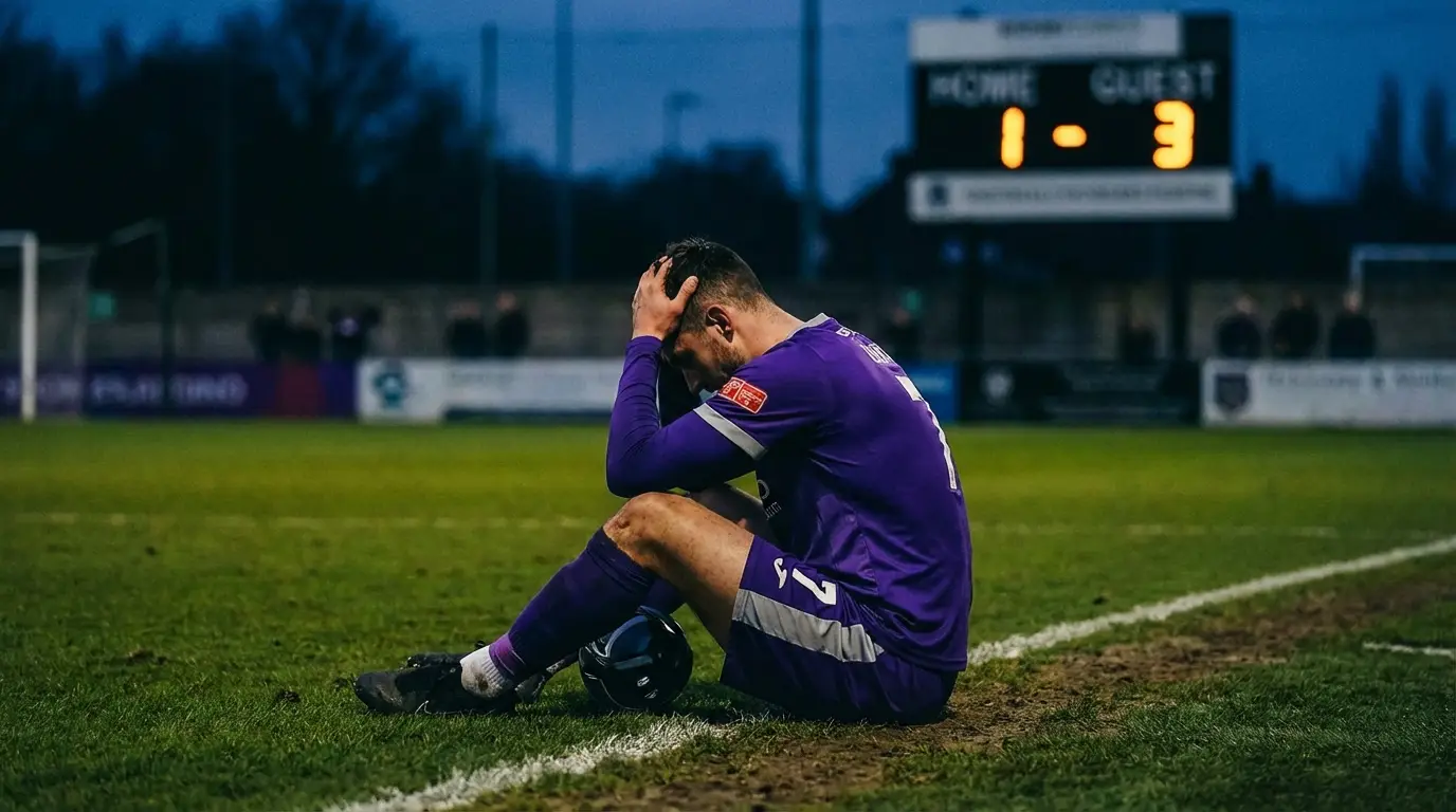 A footballer in a purple and silver kit sits dejectedly on the pitch after a match, head in hands, with a blurred scoreboard in the background showing a losing score. The image conveys frustration and crisis.
