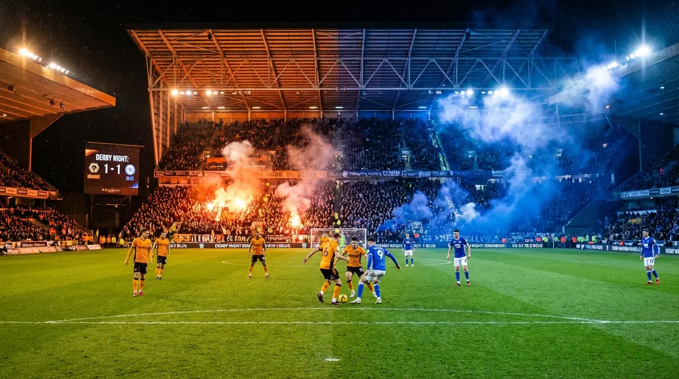 An atmospheric shot capturing the intensity of a regional derby match, with the stadium divided into opposing fan sections.