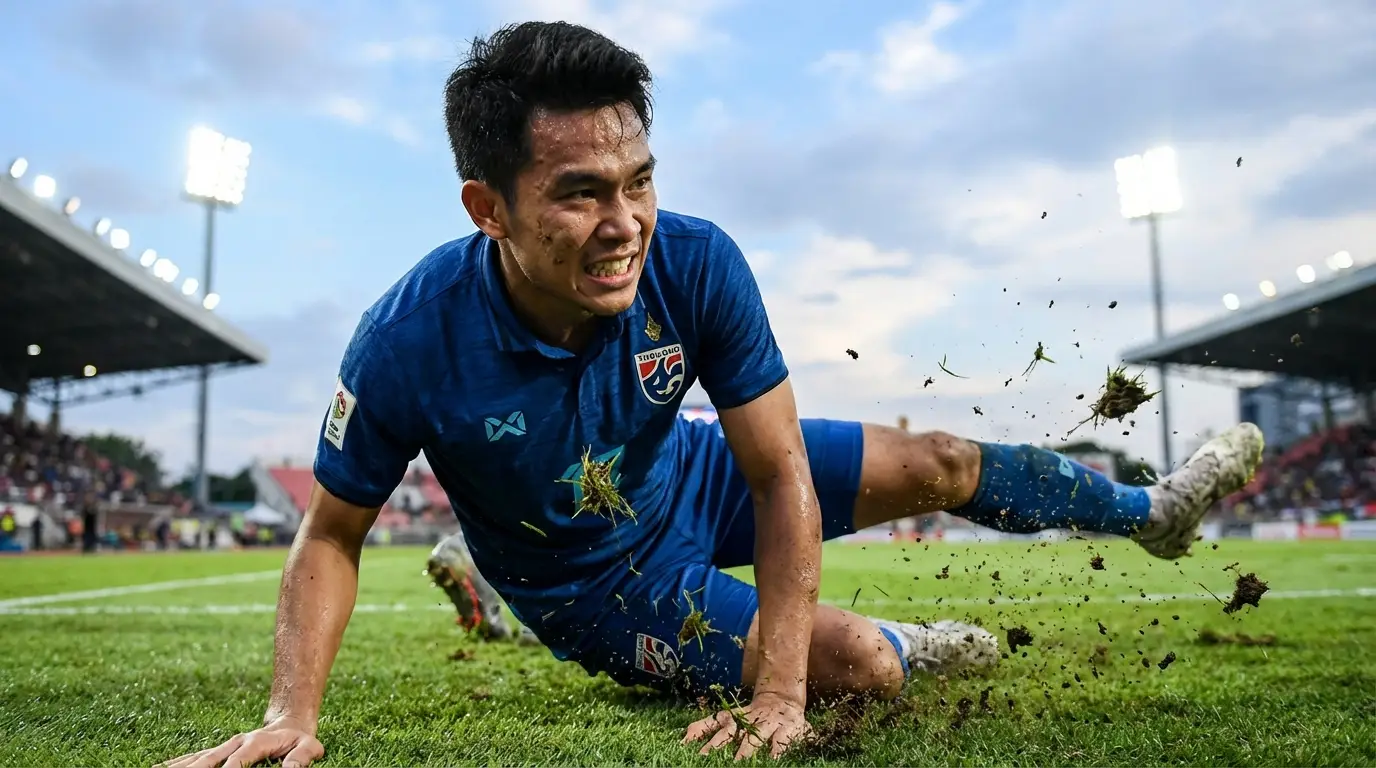 A Thai defender making a crucial tackle and showing determination, symbolizing personal redemption after a setback.