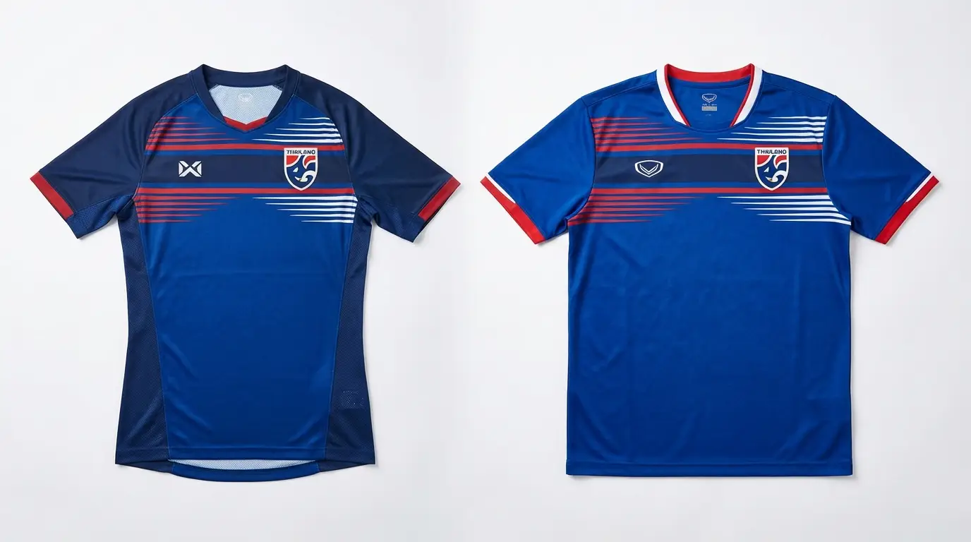 ภาพเปรียบเทียบเสื้อทีมชาติไทย Warrix รุ่น Player และรุ่น Replica เพื่อแสดงความแตกต่าง