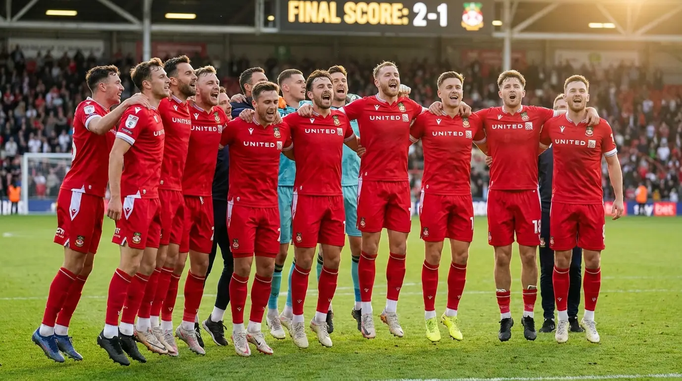 A team of footballers in bright red kits jumping together in joyful celebration on the pitch after a victory, arms around each other, faces beaming with pride and excitement under the sun.