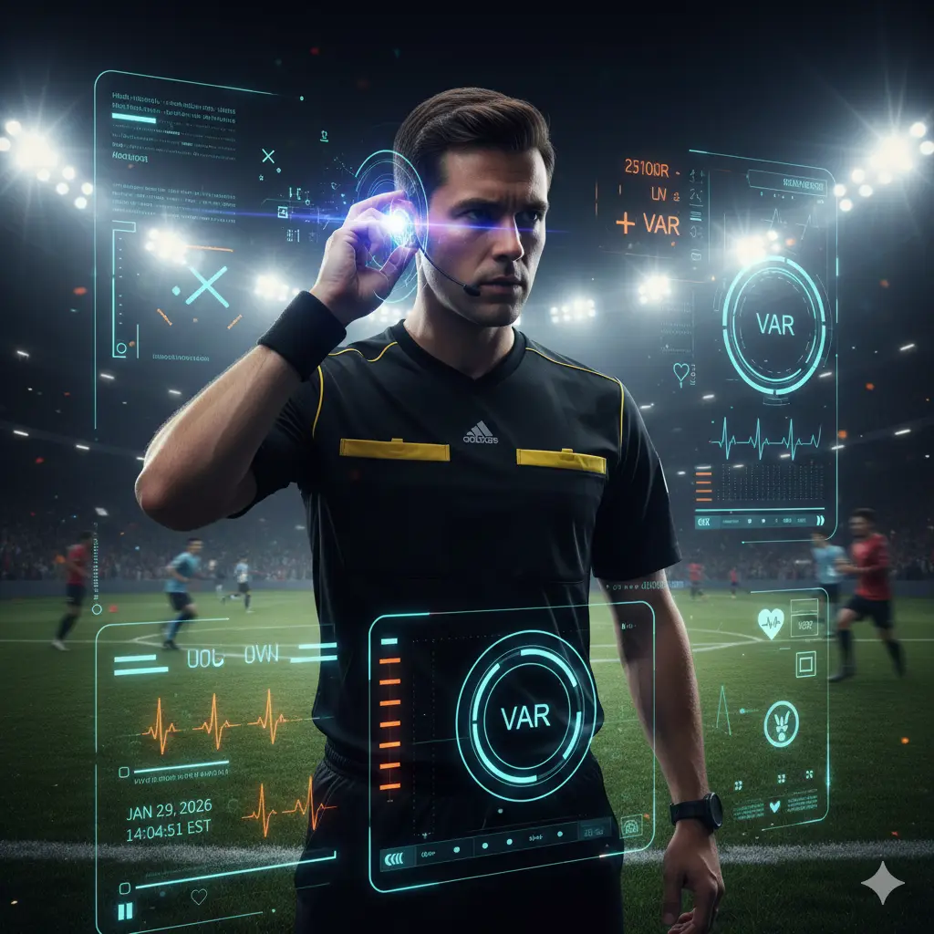 A professional football referee communicating with VAR technology during a match to ensure fairness.