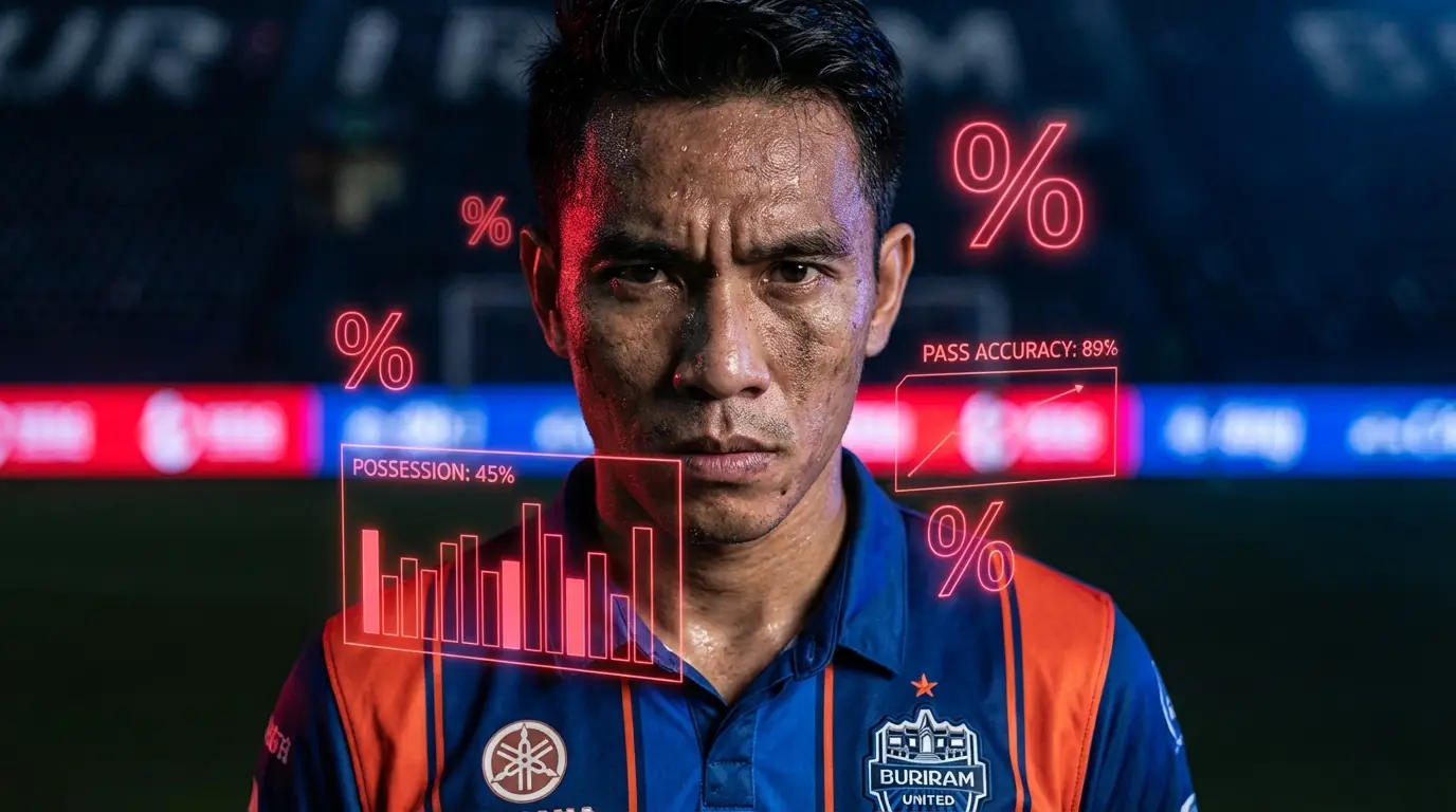 Intense close-up of a football player showing determination and pressure, with a digital red warning graph overlay signifying relegation risk.