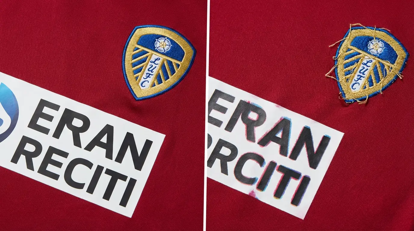 A conceptual side-by-side comparison showing the difference in quality between a real and a fake football jersey, focusing on details like print sharpness and stitching.