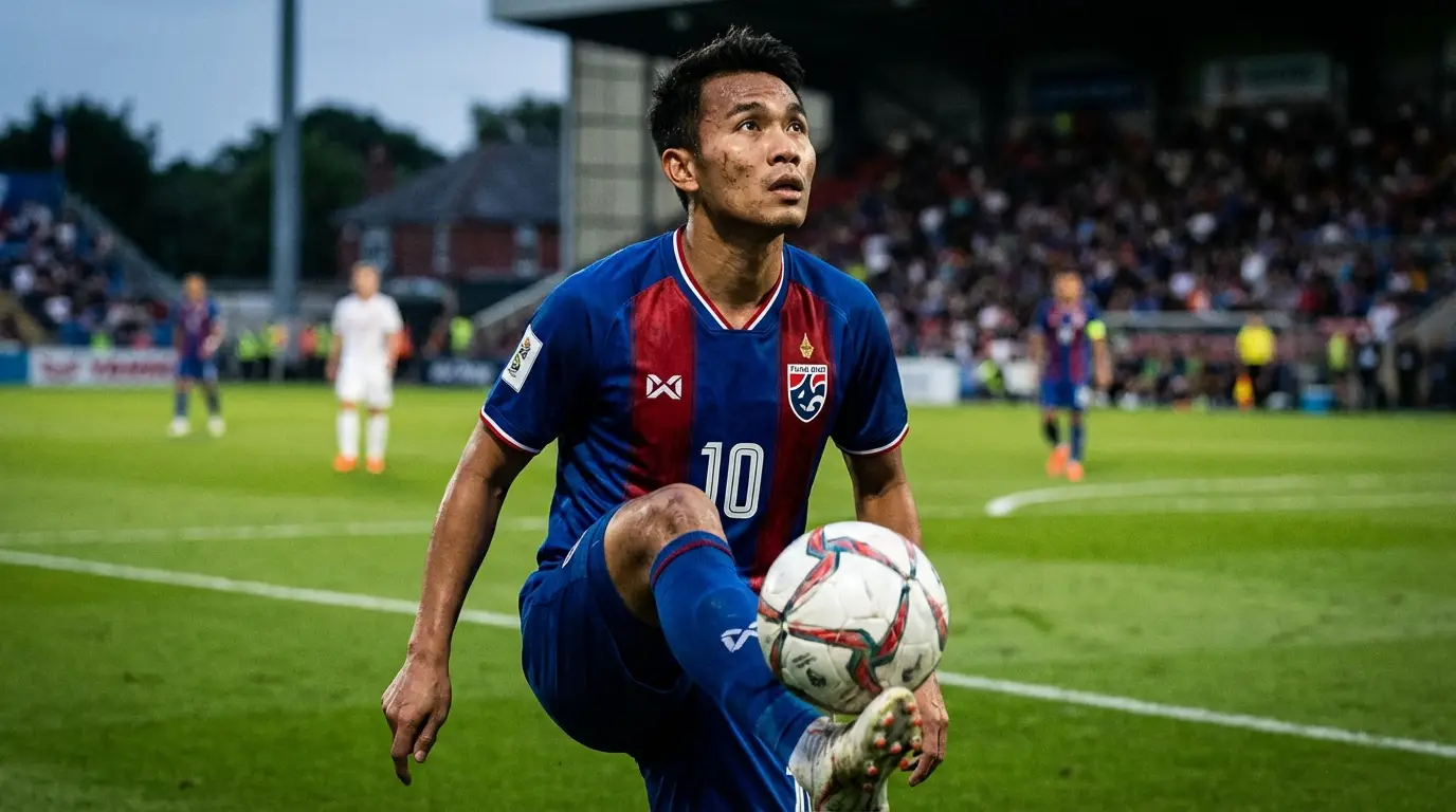 A Thai national team midfielder in a game situation, controlling the ball in the center of the pitch, looking up to assess his passing options, embodying the role of a playmaker.
