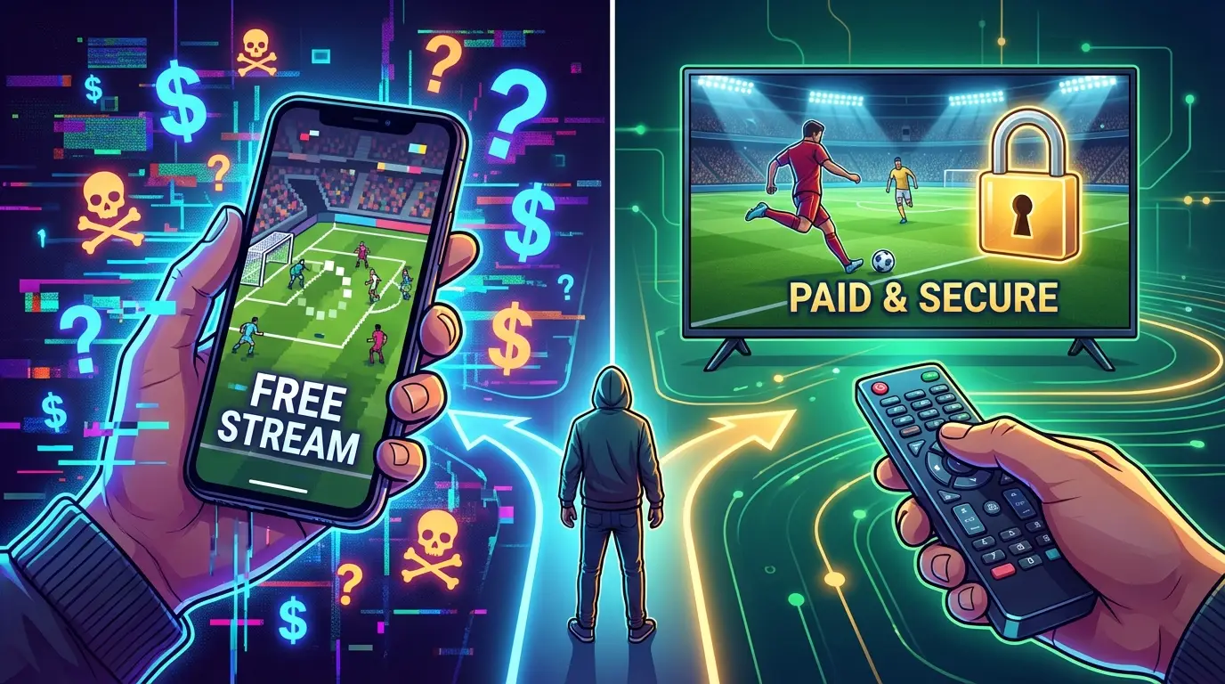 A conceptual illustration depicting the choice between two paths for watching Thai League: one path is vibrant but chaotic (free streaming), the other is orderly and stable (paid, legal streaming).