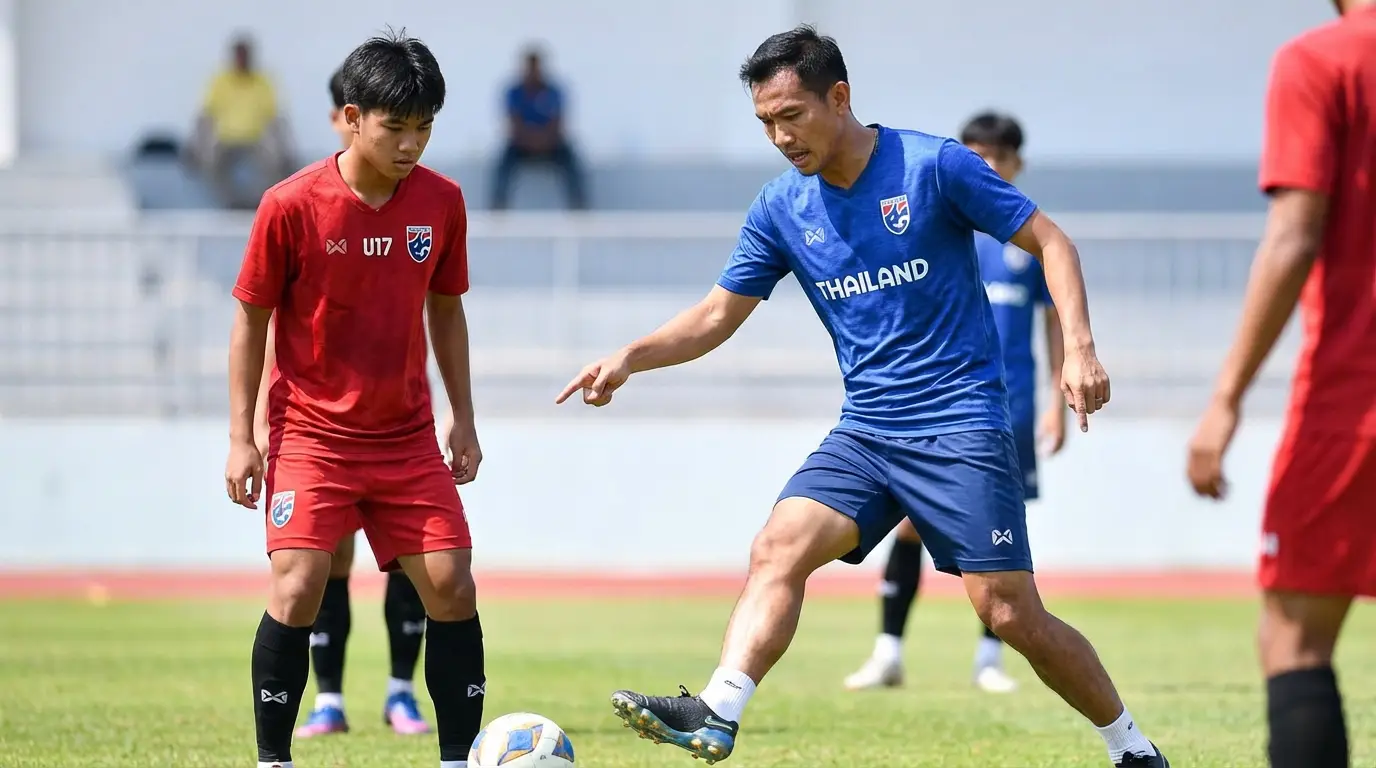 A seasoned Thai national team player (representing Suphanat Mueanta's archetype) mentors a younger U17 prospect during a training session, passing on knowledge and skill.