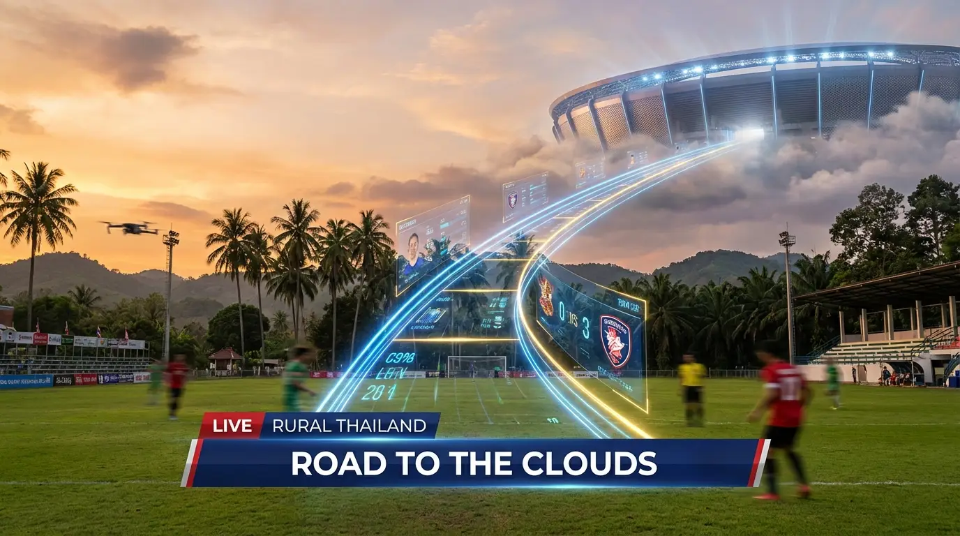 A beautiful local Thai football stadium during golden hour with a glowing path of light leading towards a professional stadium in the distance, symbolizing the journey of T3 teams.